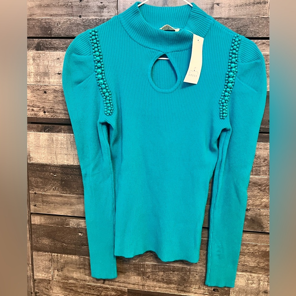 NWT- Ribbed mock neck turquoise sweater- size small